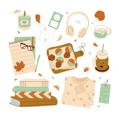 Hand drawn enjoying reading.Mug with tea and cookies