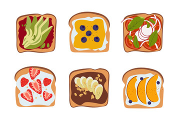 Fototapeta premium Set of toasts and sandwiches with different healthy ingredients. Slices of bread with avocado, champignons, vegetables, chocolate and bananas