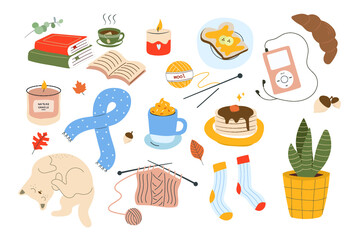 Stay cozy. Illustration with cute things and objects for home interior, books, plants.Cozy and comfortable lifestyle