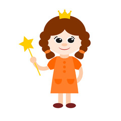 Little girl princess with magic wand. Fairy tale character. Isolated. White background.