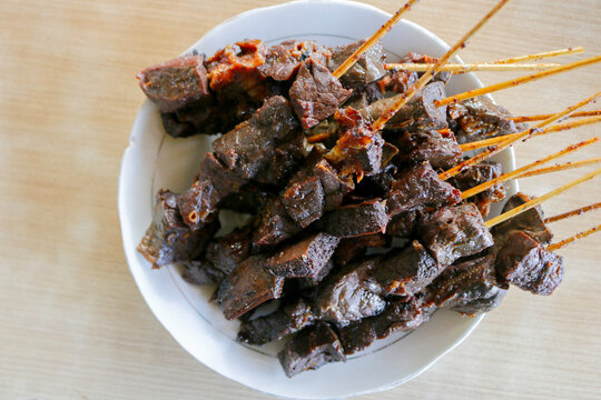 Sate Paru or beef's lung satay with soft texture. Traditional food from Indonesia