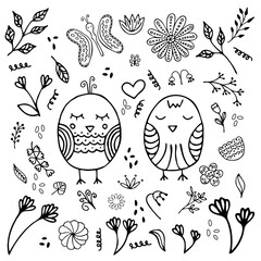 Vector spring doodle with birds, flowers, branches, butterfly, abstract elements on white background