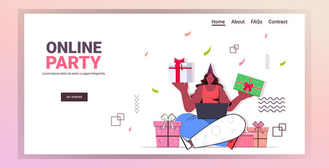 woman celebrating online birthday party african american girl holding wrapped gift boxes celebration self isolation quarantine concept full length horizontal copy space vector illustration