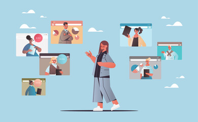 businesswoman chatting with mix race businesspeople during video call business people having online conference communication teamwork web trainig concept horizontal vector illustration