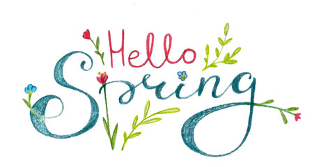 lettering calligraphy season spring hello happy hand drawing watercolor pencil tulip leaf flowers © Yulia Shmeleva