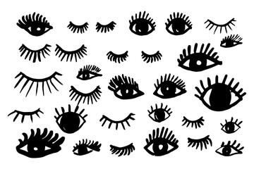 Set of Hand drawn eyes and lashes. Dirty design elements. Vector illustration