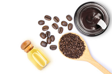 Caffeine body beauty skincare cream with glass bottle of coffee essential oil extract and coffee beans isolated on white background. Chocolate skin treatment concept.Top view. Flat lay.