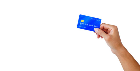 hand holding a blue credit card on white background with clipping path. shopping on line on buy-sell with e-commerce technology.