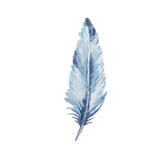 Watercolor blue feather. Boho style