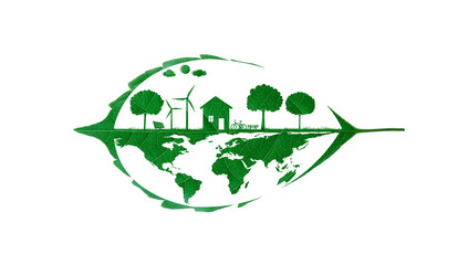 Natural and technology. The house with turbine and solar cell clean energy object cutting green leaf. Save the earth and environment green natural ecology.