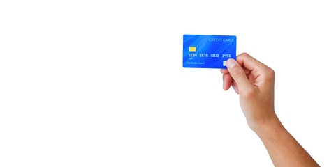 hand holding a blue credit card on white background with clipping path. shopping on line on buy-sell with e-commerce technology.