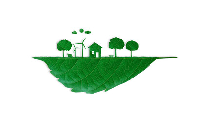 The house with turbine and solar cell clean energy object cutting green leaf. Natural and technology. Save the earth and environment green natural ecology. clipping path. © kukhunthod