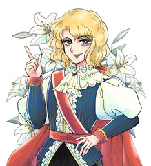 昭和の少女漫画風・指を指す王子様・男装の麗人・花の背景 © 水乃みのる