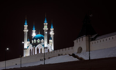 Kul Sharif Mosque in the Kazan Kremlin. Night photo. The mosque is brightly illuminated by...