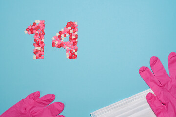 Hearts for February 14, Valentine's Day, with COVID mask and pink gloves, biosecurity protection.