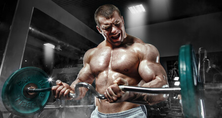 Athlete muscular bodybuilder in the gym training with bar.