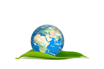 The earth on green leaf on white background. save the earth ecology concept.