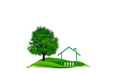 The people standing in home and the tree on green leaf on white background. save the earth ecology concept.