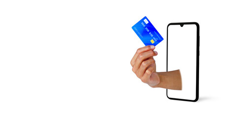 hand holding a credit card out of a smart phone on white background with clipping path. shopping on line on buy-sell with e-commerce technology.