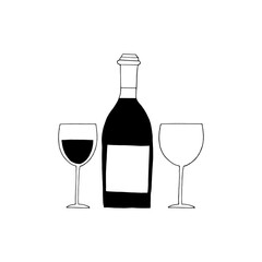 bottle, glasses with wine and empty set icon, sticker. sketch hand drawn doodle style. minimalism, monochrome. drinks, bar.