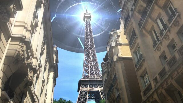 Large Flying saucer ufo over Paris and Eiffel Tower
,live action footage with visual effect elements,cars traffic,alien invasion concept, france
