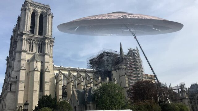 Large Flying saucer ufo over Paris notre dame cathedral
,live action footage with visual effect elements,cars traffic,alien invasion concept, france

