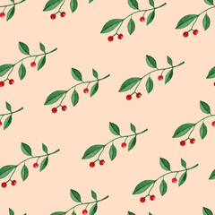 Red berry branch watercolor seamless pattern wallpaper