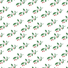 Red berry branch watercolor seamless pattern