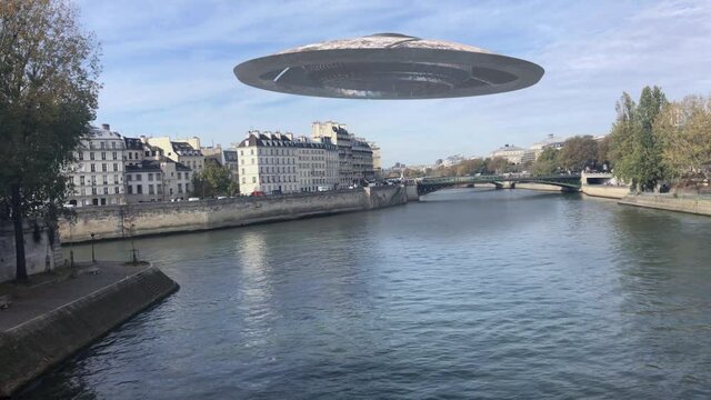 Large Flying saucer ufo over Paris seine river
,live action footage with visual effect elements,cars traffic,alien invasion concept, france
