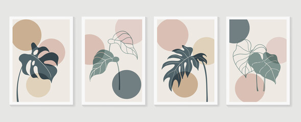 Botanical wall art background vector set.Earth tone natural colors foliage line art  boho plants drawing with abstract shape. Mid century modern design for prints, poster, cover and wallpaper. © TWINS DESIGN STUDIO