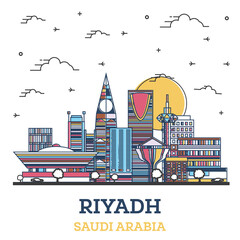 Outline Riyadh Saudi Arabia City Skyline with Modern Colored Buildings Isolated on White.