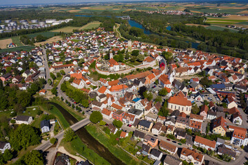 Fototapeta na wymiar Aerial view of the city and castle Vohburg an der Donau in Germany, Bavaria on a sunny spring day 