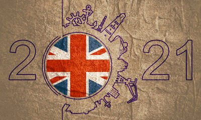 Circle with sea shipping and travel relative silhouettes. Objects located around the circle. Industrial design background. Field for text. Flag of United Kingdom. 2021 year number