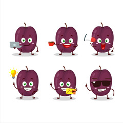 Plum cartoon character with various types of business emoticons