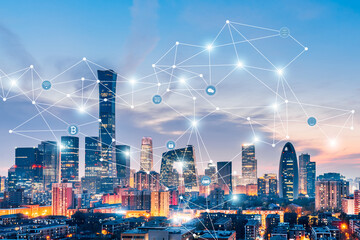 Big data concept of building night view and urban interconnection in Beijing CBD, China