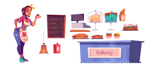 Woman chef and bakery shop interior set with counter, cakes, cashbox and menu chalkboard. Vector cartoon set of girl baker, fresh bread, pastry and pies isolated on white background