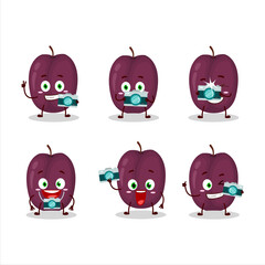 Photographer profession emoticon with plum cartoon character