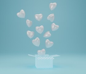 Open gift box with balloon heart floating on blue background, Symbols of love for Happy Women's, Mother's, Valentine's Day, birthday concept. 3d rendering