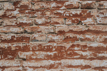 The texture of an old brick wall with natural defects. Scratches, cracks, crevices, chips, dust, roughness, abrasion. Template for design and background.Copy space