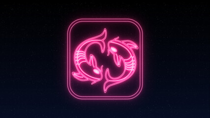 The Pisces zodiac symbol, horoscope sign in neon style on night star sky. Royalty high-quality free stock of Pisces zodiac sign. Night sky abstract background. Zodiacal mystic astrology symbols