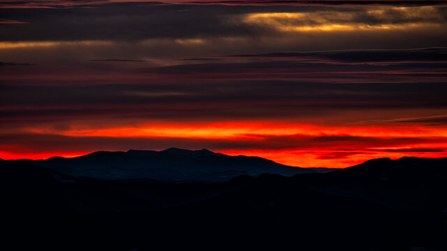 An awesome sky over the mountains. Mount Negrovets (Gorgany) seen from the Połonina Wetlińska, Bieszczady National Park, The Carpathians, Poland and Ukraine.