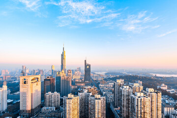 Fototapeta na wymiar Dusk scenery of Zifeng Building and city skyline in Nanjing, Jiangsu, China 