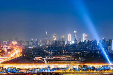 Night view of Ming Dynasty Great Wall and city skyline in Nanjing, Jiangsu, China 