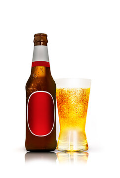 Beer glasses and beer bottles blank bottle for label isolated on white background - Mock up template
