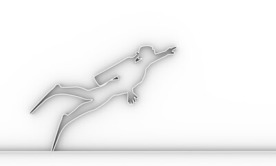 Silhouette of diver. Icon diver. The concept of sport diving. Thin line style. 3D rendering.