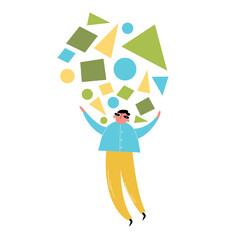 Cartoon character stands on a pile of geometric shapes. Multitasking , personal experience. Color vector hand-drawn illustration. Flat style. All elements are isolated on a white background.