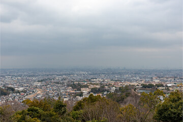 Distant view of Nishinomiya city, Osaka city from Kabutoyama forest park in Nishinomiya, Hyogo, Japan
