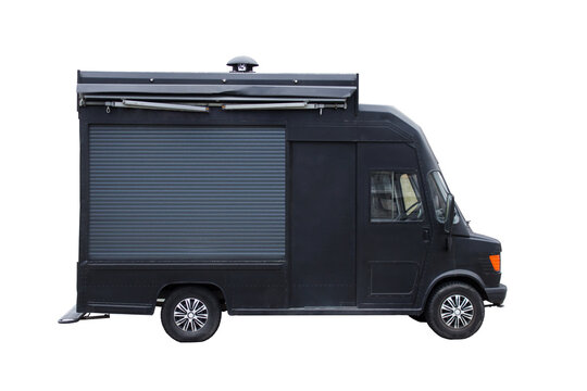 Front view of closed retro black food truck lorry. Takeaway food and drinks.