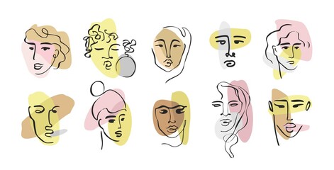 Set of female linear portraits isolated on white. Contemporary art posters of women's faces with lines and spots. Beautiful of fashion girls for the covers, social media, cards. Vector illustration