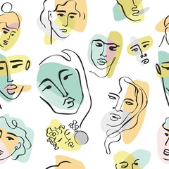 Seamless pattern female face black line isolated on white. Contemporary art background with fashion trendy doodle womans portraits. Wallpaper, wrapping paper, fabric. Cartoon vector illustration
